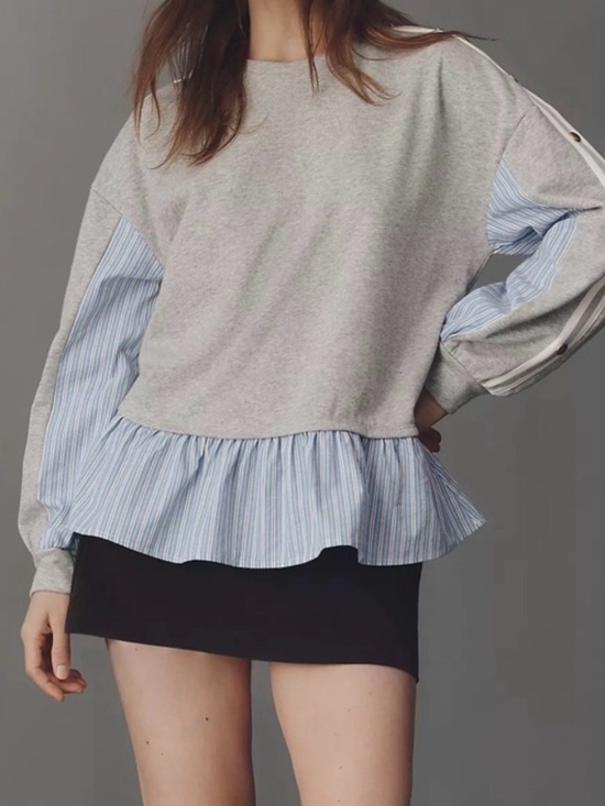 Maeve Tops - Maeve Grey Pullover with Blue Stripe Ruffle Hem